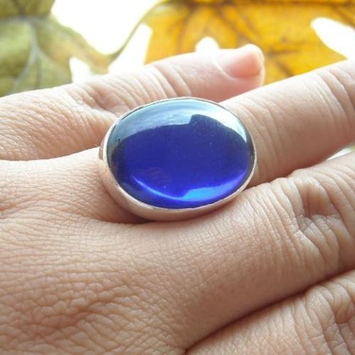 Vintage glass ring, Sapphire blue handmade silver ring