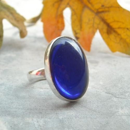 Vintage glass ring, Sapphire blue handmade silver ring