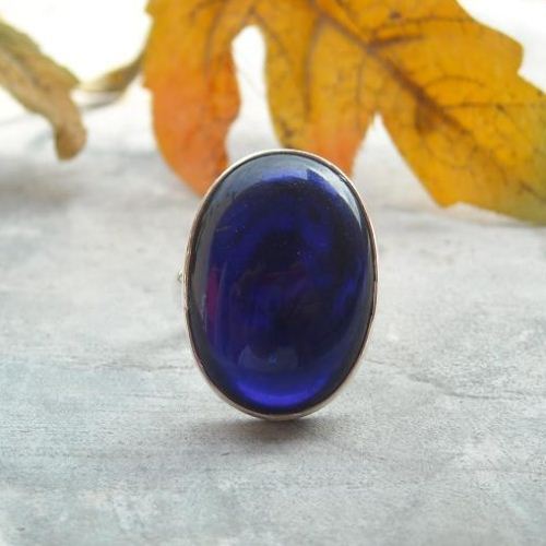 Vintage glass ring, Sapphire blue handmade silver ring