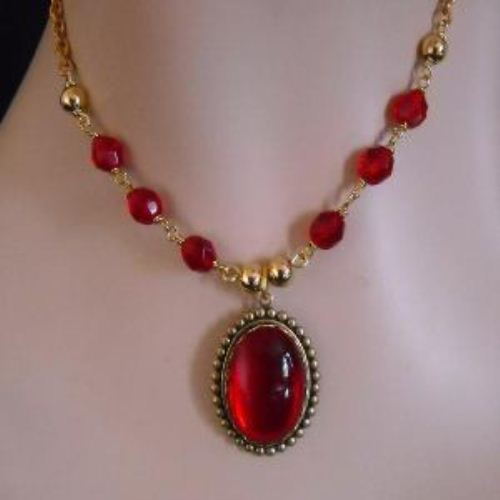 Vintage golden brass Red cab necklace earrings set
