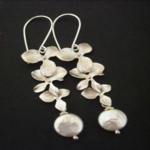 Wedding bridal sterling silver Orchid flower pearl earrings