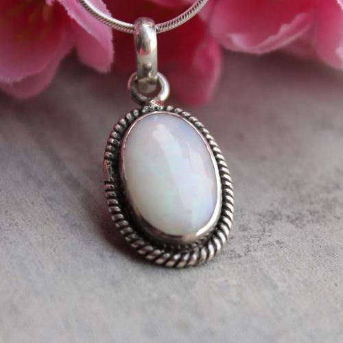 White Opal pendant necklace, Genuine Opal silver pendant