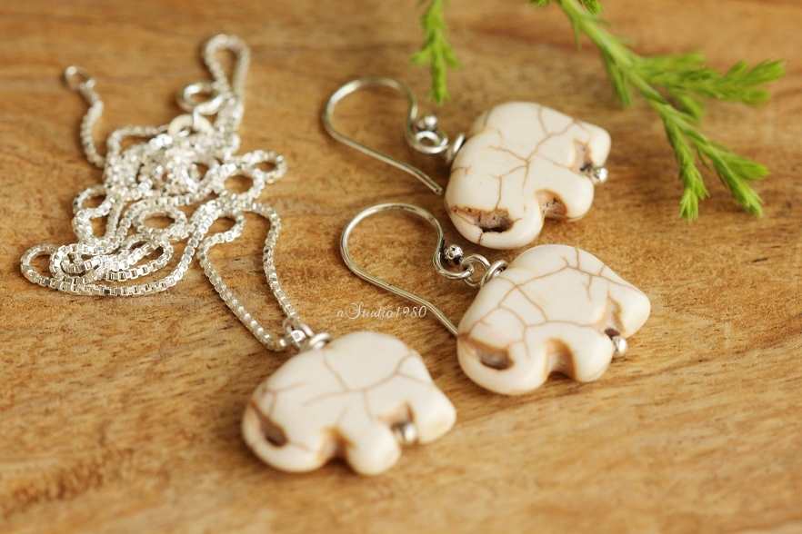 White elephant charm Sterling silver pendant earring gift set