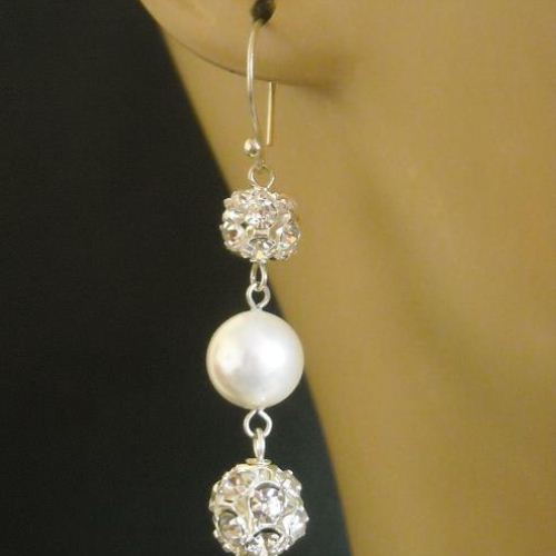 bridal pearl crystal silver earrings