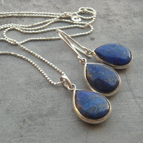 lapis lazuli pendant earrings set - tear drop denim blue jewelry set
