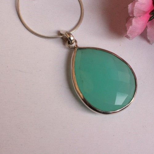 Sea foam green chalcedony, Tear drop silver pendant