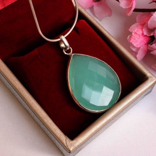 Sea foam green chalcedony, Tear drop silver pendant